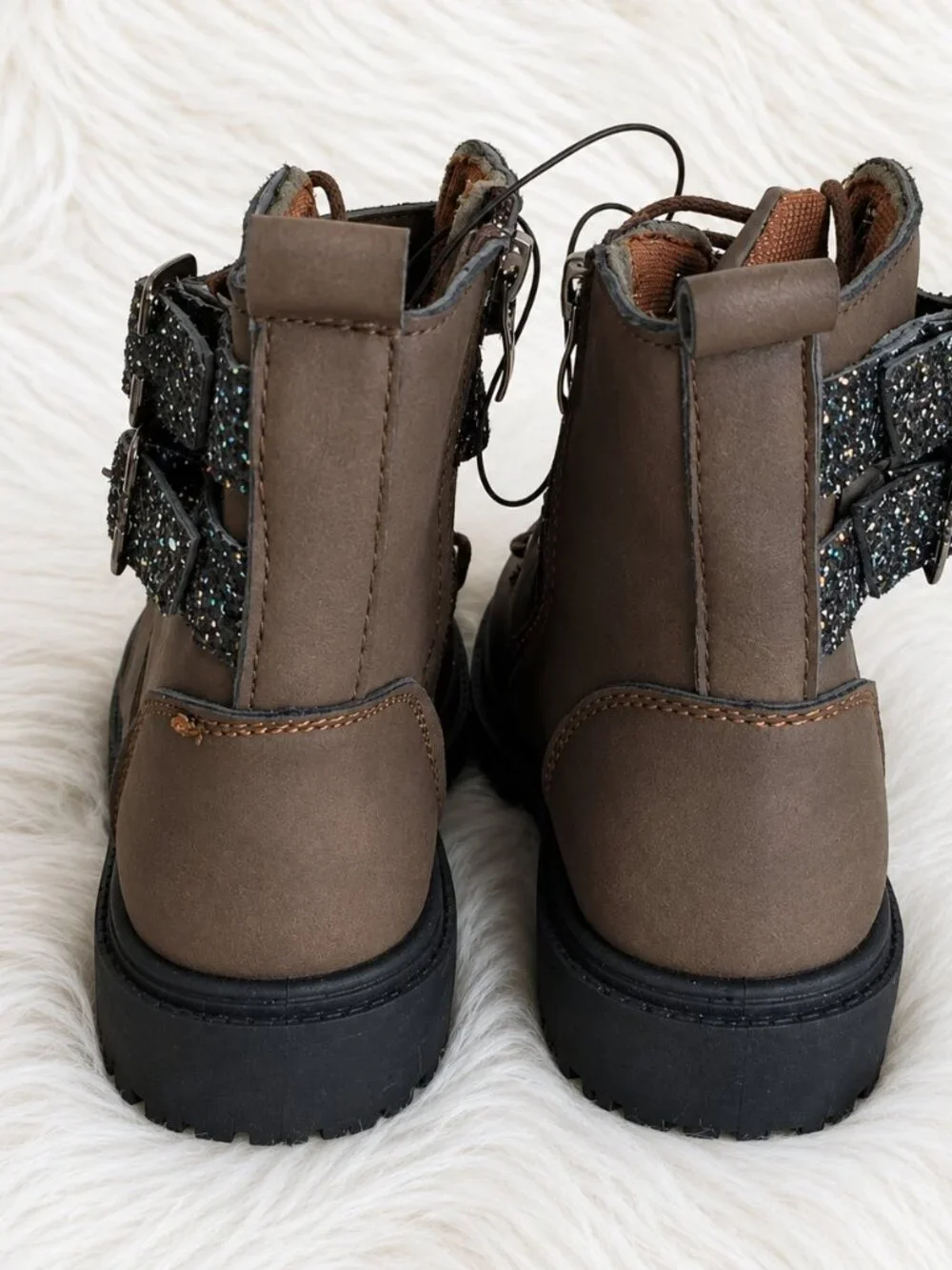 Blue Girls' Brown Glitter Strap Zip Lace Durable Boots SZ 8